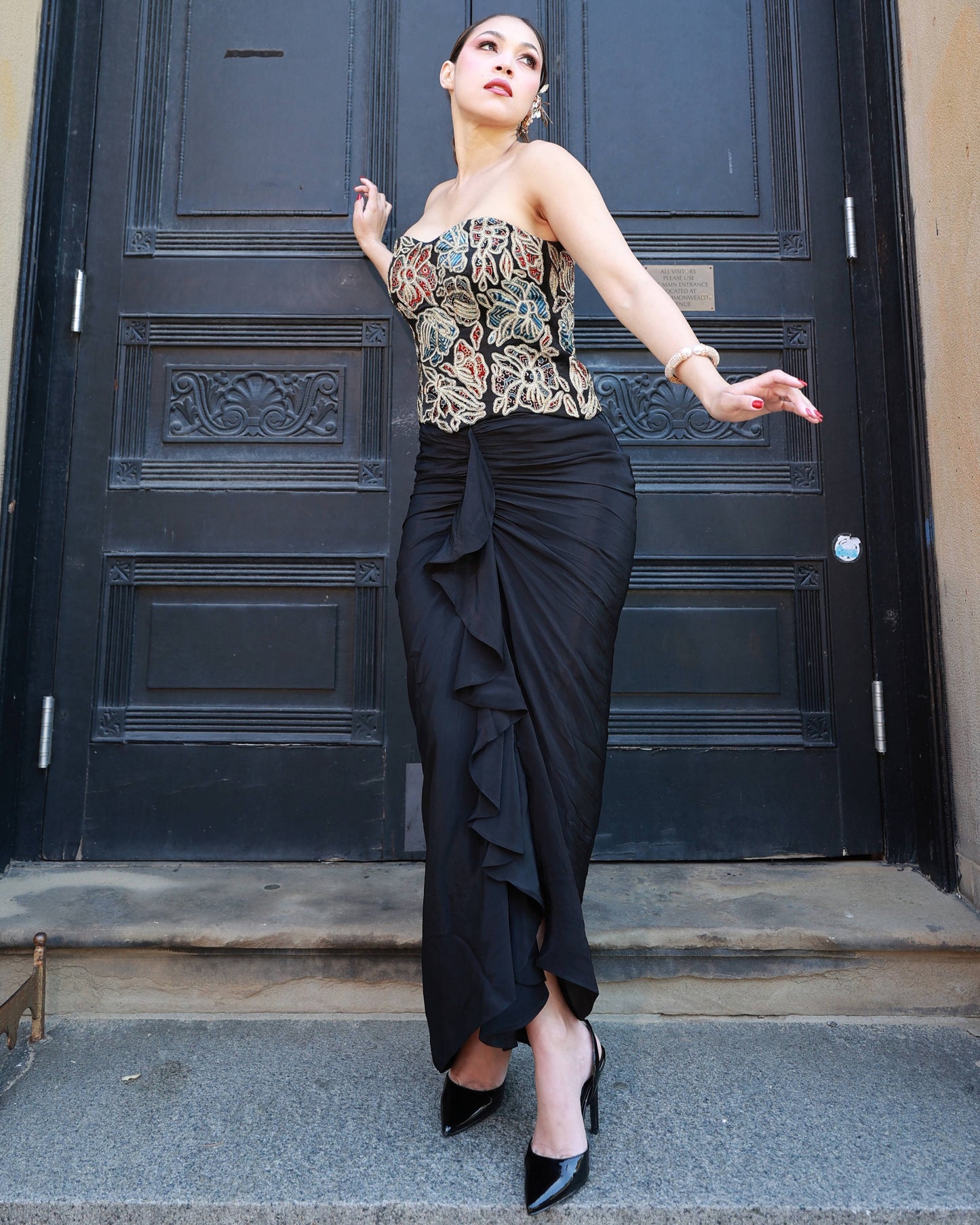 Black ajrakh patchwork corset and dhoti set