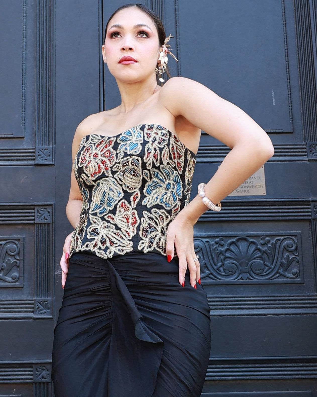 Black ajrakh patchwork corset and dhoti set