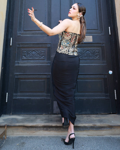 Black ajrakh patchwork corset and dhoti set
