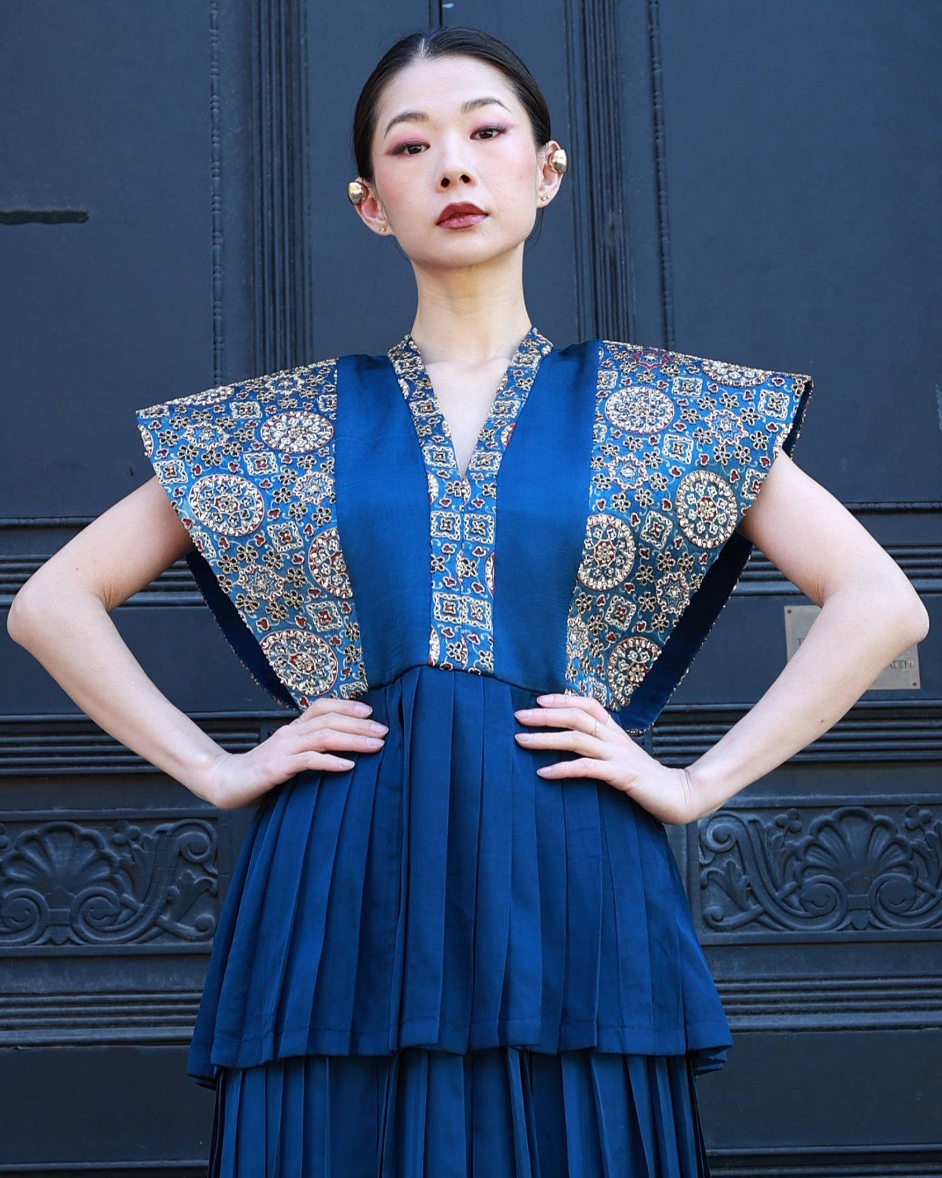 Coblat blue german satin and ajrakh pleated paplum top with pleated pants