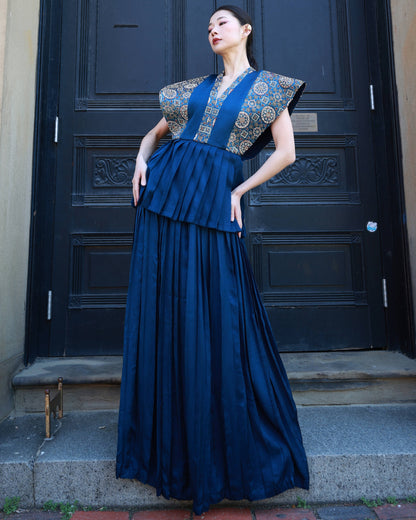 Coblat blue german satin and ajrakh pleated paplum top with pleated pants