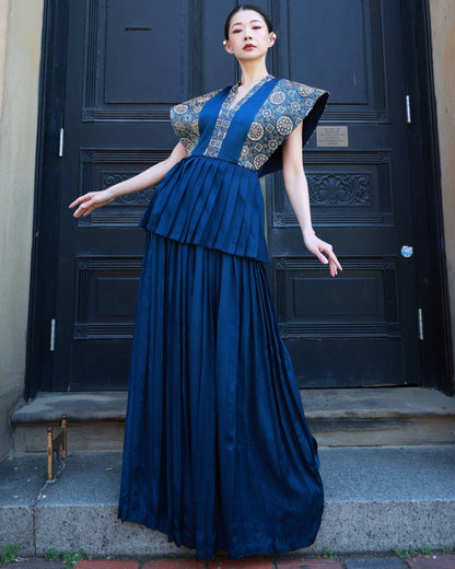 Coblat blue german satin and ajrakh pleated paplum top with pleated pants