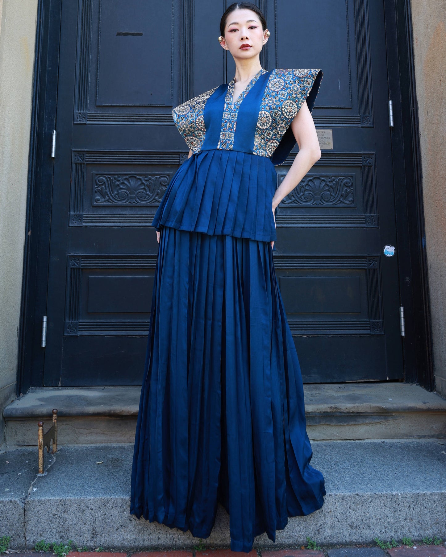 Coblat blue german satin and ajrakh pleated paplum top with pleated pants