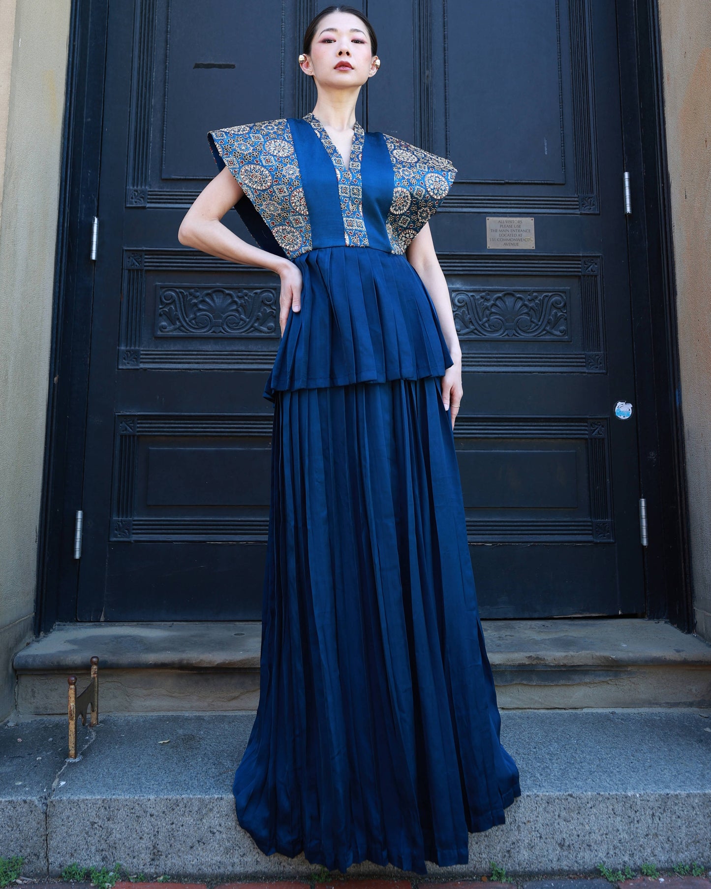 Coblat blue german satin and ajrakh pleated paplum top with pleated pants