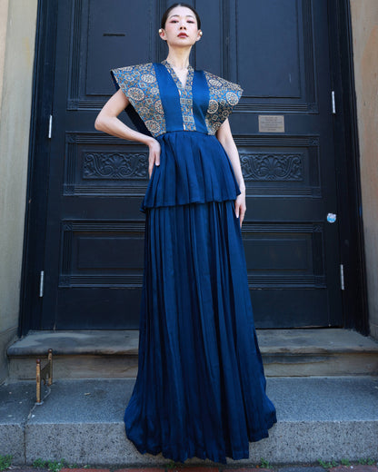 Coblat blue german satin and ajrakh pleated paplum top with pleated pants