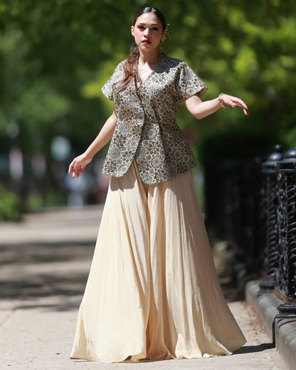 Ivory ajrakh print jacket with crape flared pants