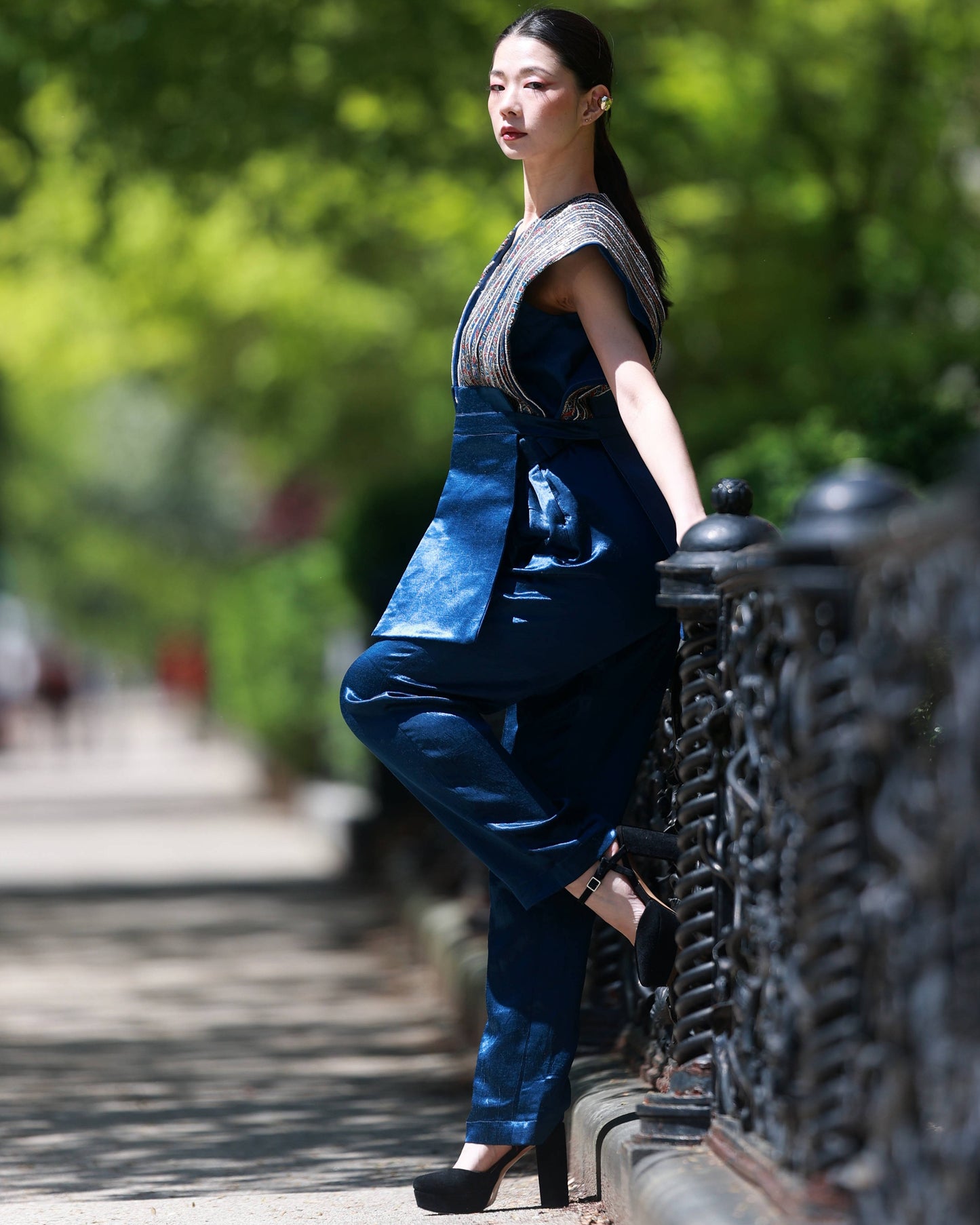 Cobalt blue jacket with straight pants