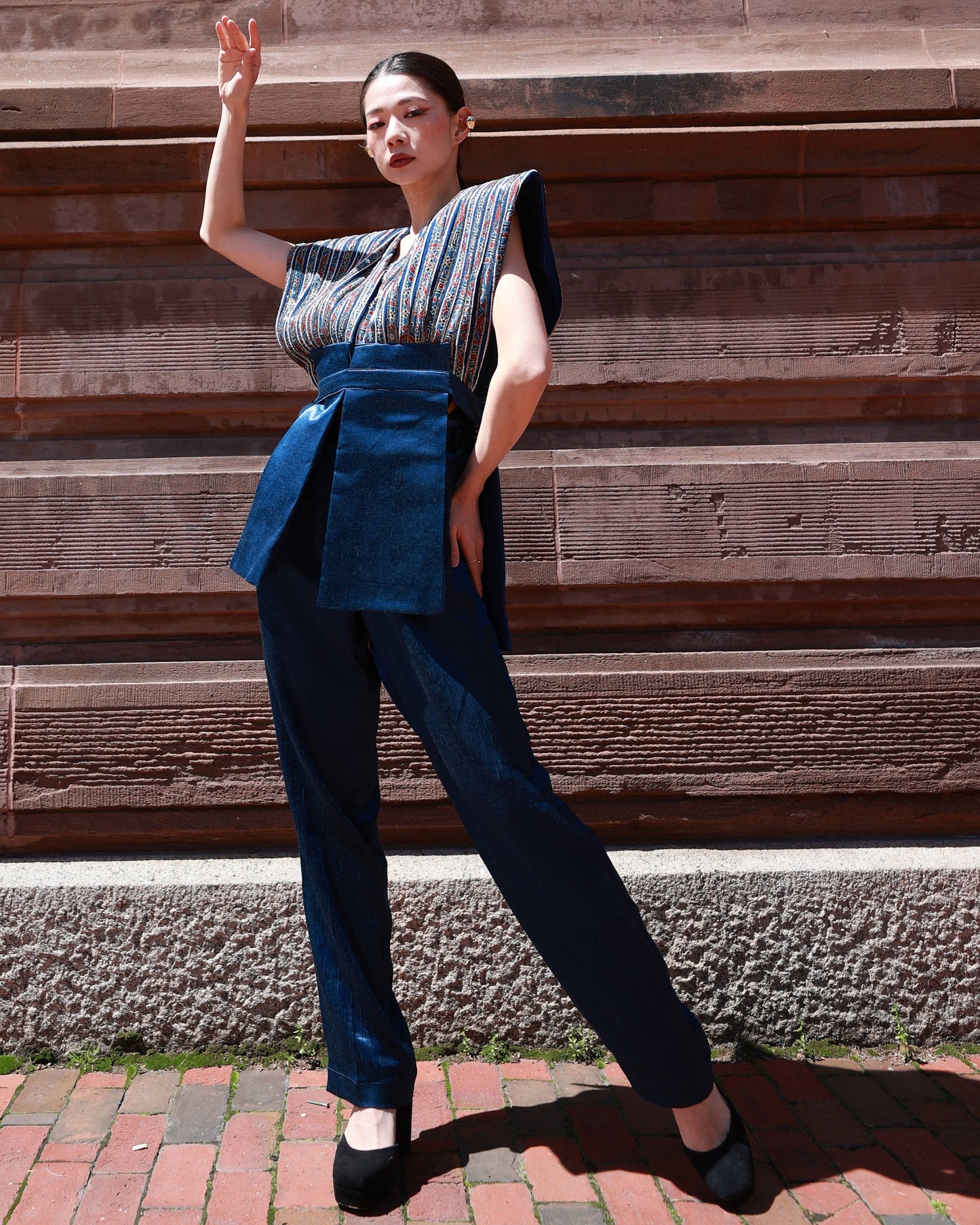 Cobalt blue jacket with straight pants