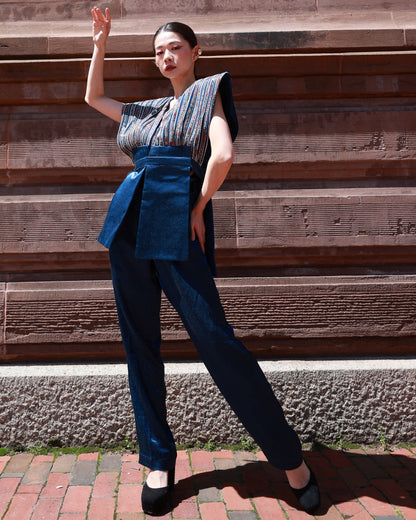Cobalt blue jacket with straight pants