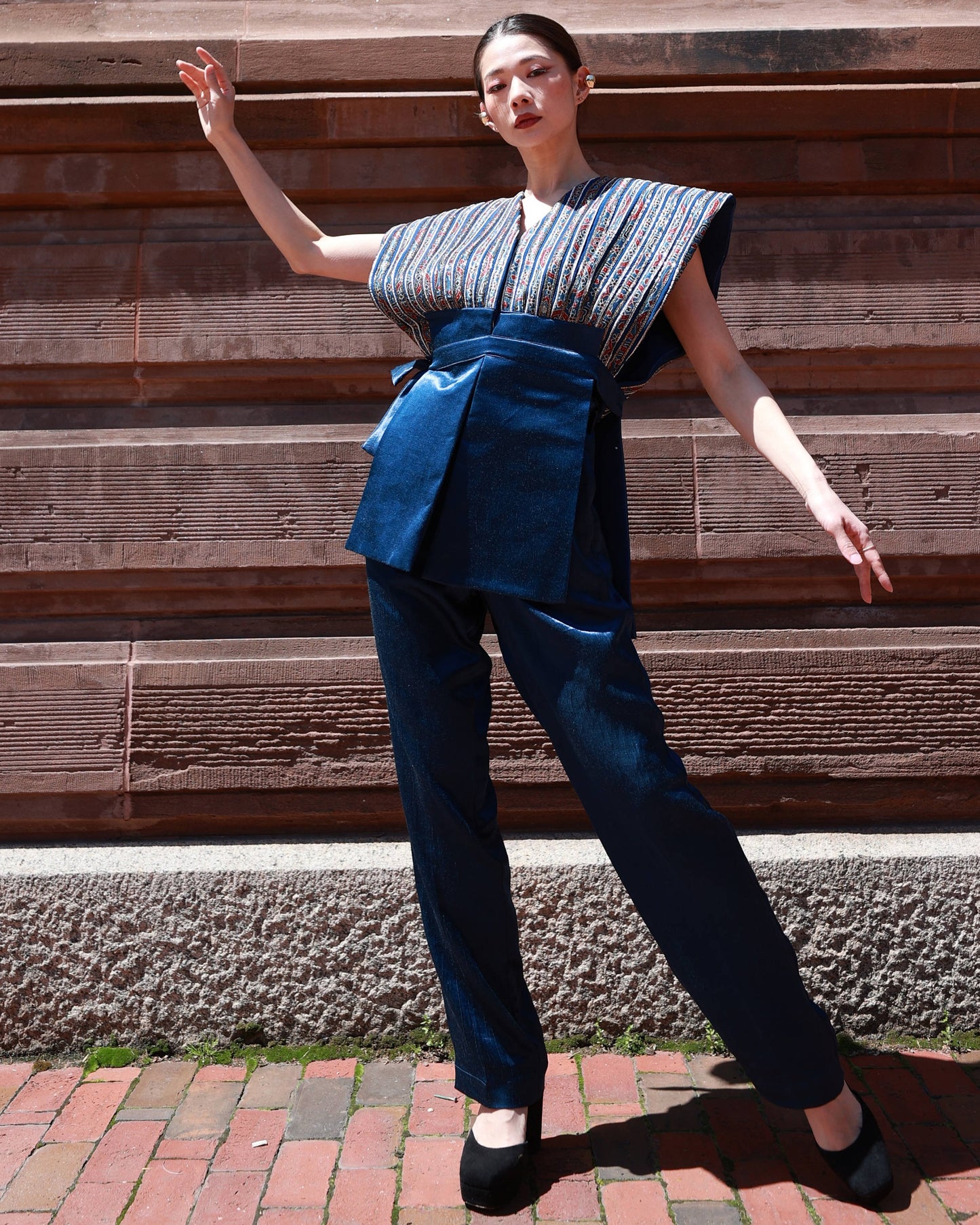 Cobalt blue jacket with straight pants