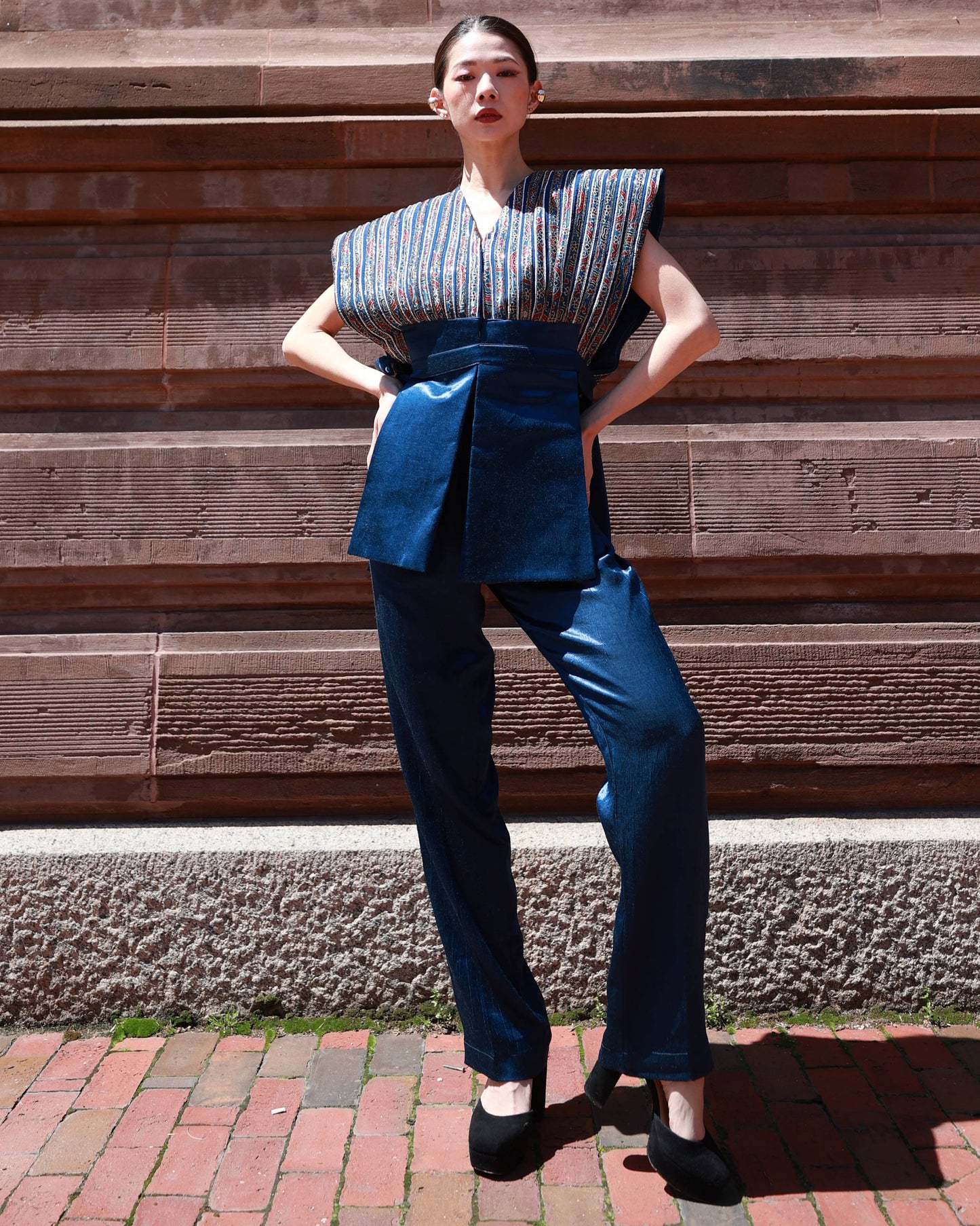 Cobalt blue jacket with straight pants