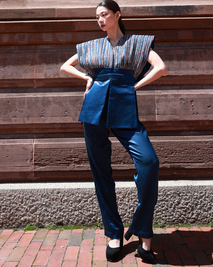 Cobalt blue jacket with straight pants