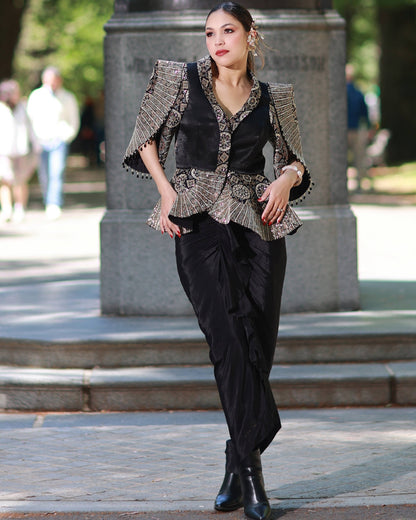 Black paplum top with drape skirt