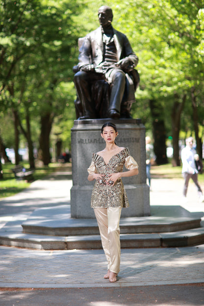 Ivory ajrakh print paplum top with pants