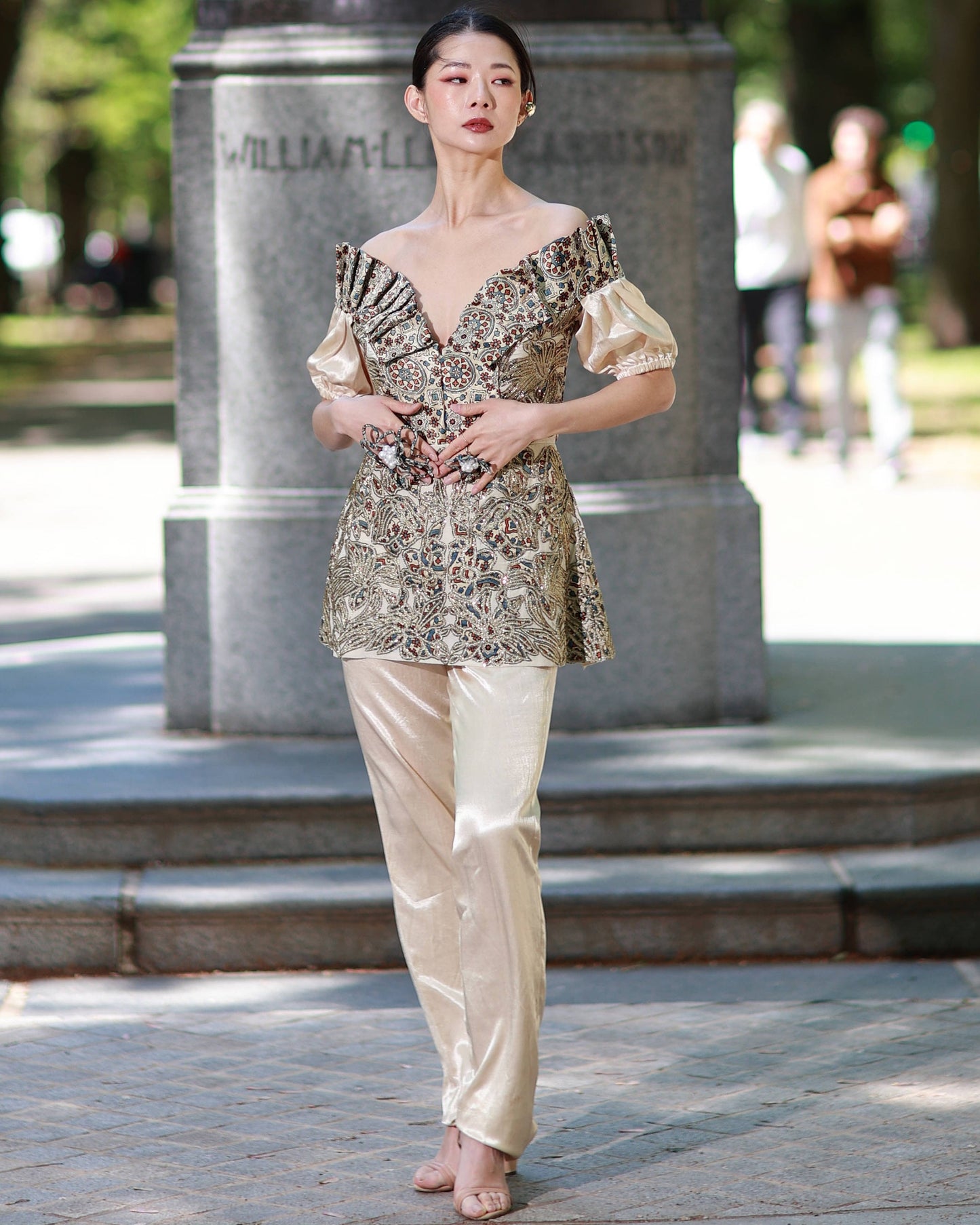 Ivory ajrakh print paplum top with pants