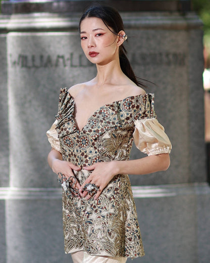 Ivory ajrakh print paplum top with pants