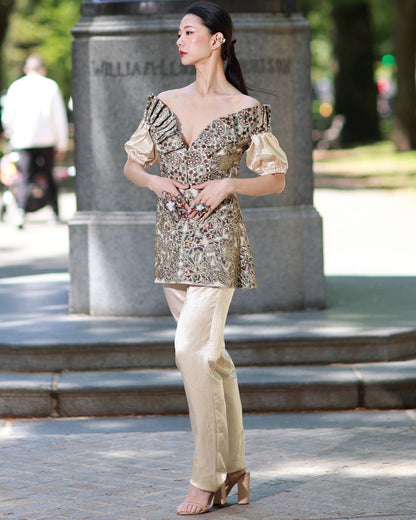 Ivory ajrakh print paplum top with pants