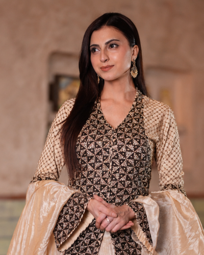 Farhana Bhatt in Ivory Ajrakh Jacket with Crush Skirt and Frill Dupatta