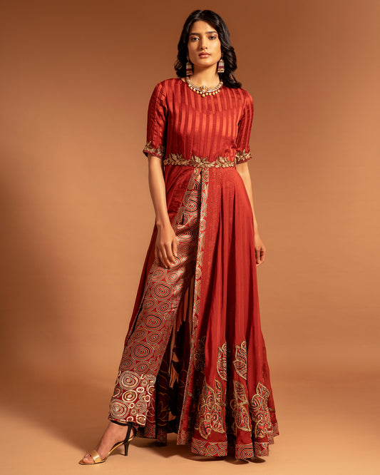 Maroon Patchworked Anarkali with ajrakh Pant
