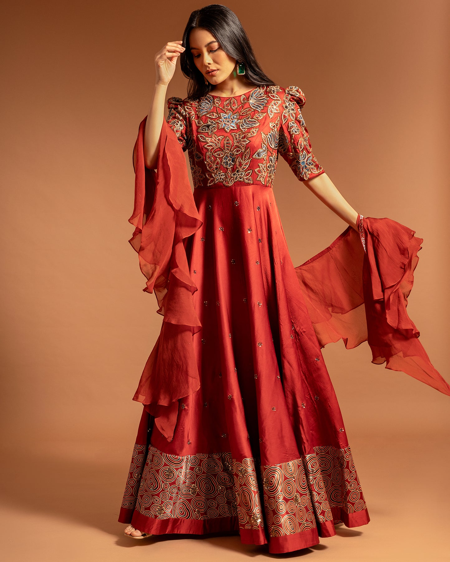Red Ajrakh Patch work Anarkali with ruffled dupatta