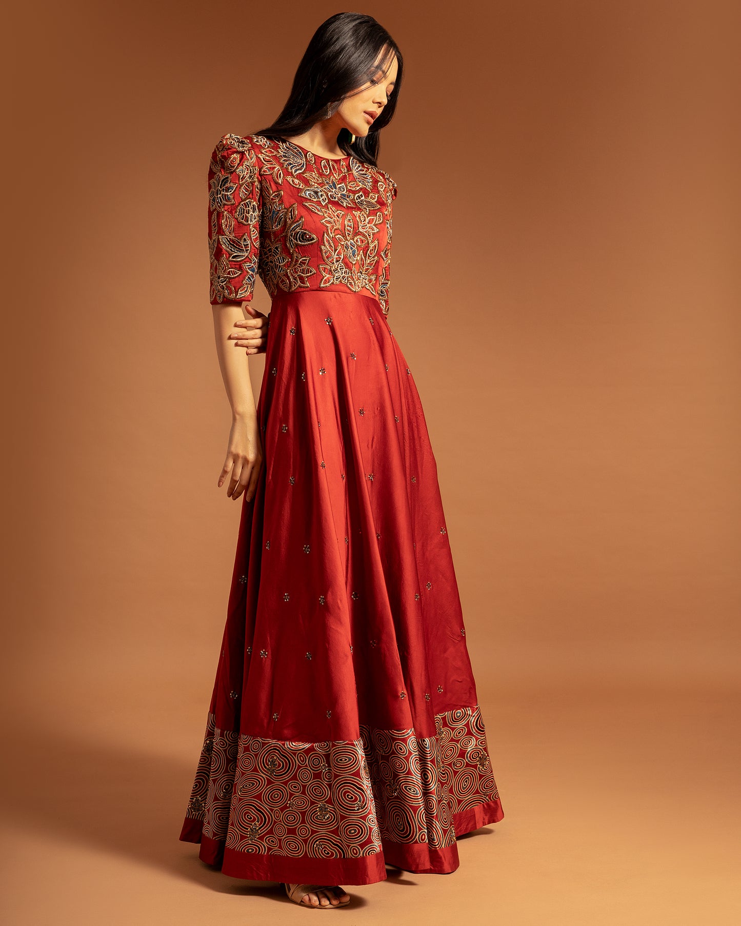 Red Ajrakh Patch work Anarkali with ruffled dupatta
