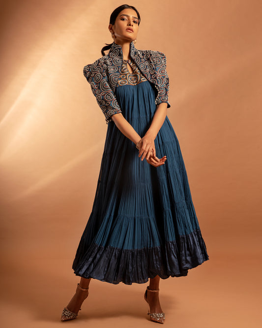 Cobalt Blue tiered Dress with Ajrakh jacket.