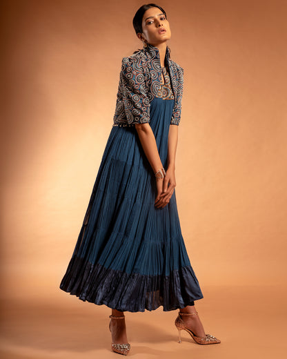 Cobalt Blue tiered Dress with Ajrakh jacket.