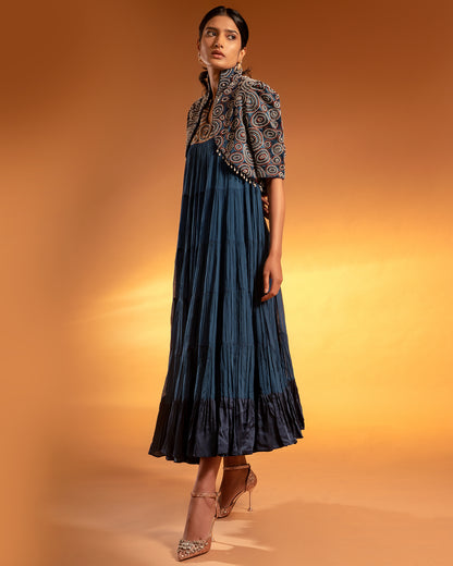 Cobalt Blue tiered Dress with Ajrakh jacket.
