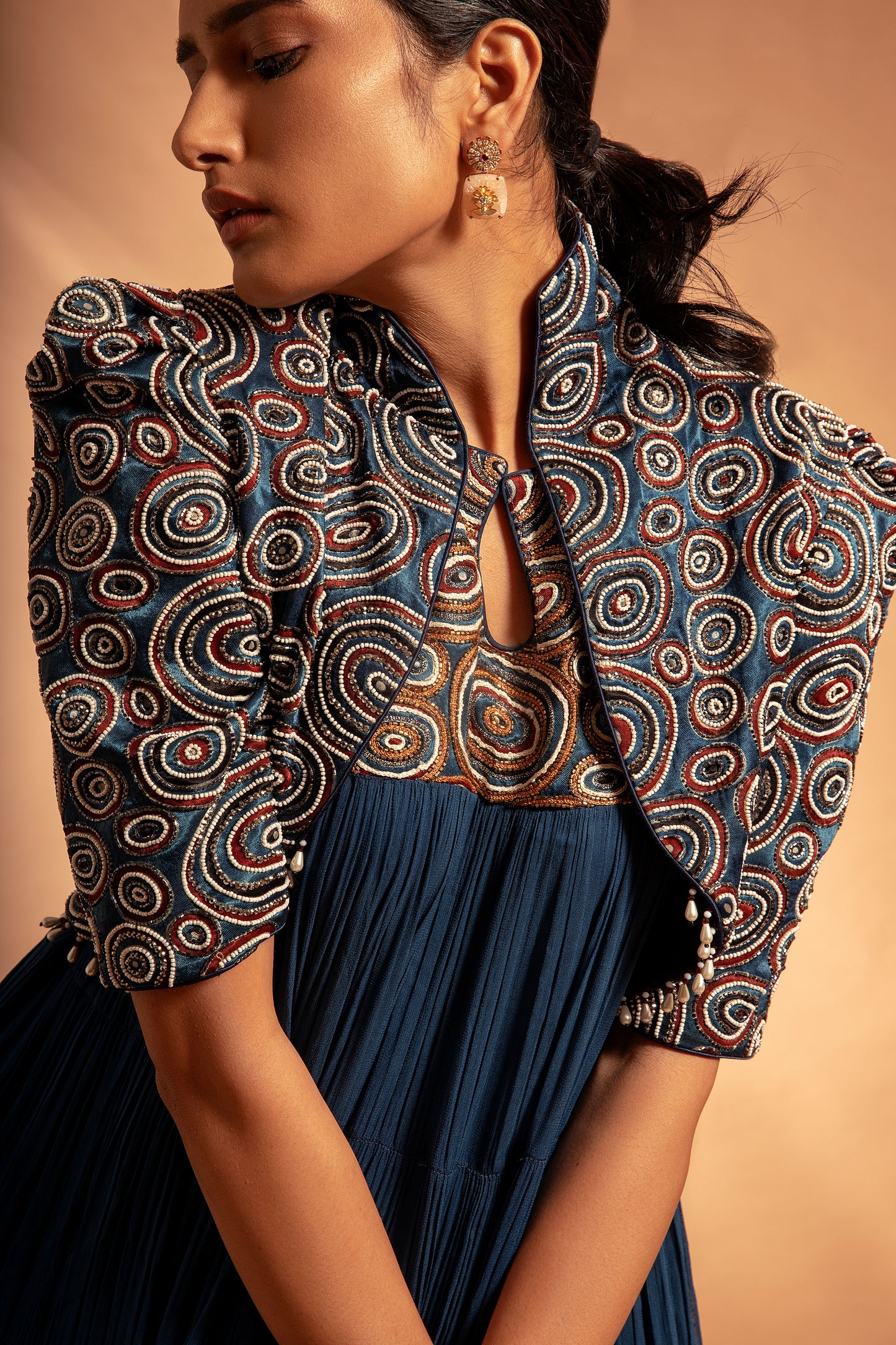 Cobalt Blue tiered Dress with Ajrakh jacket.