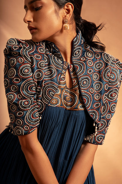 Cobalt Blue tiered Dress with Ajrakh jacket.