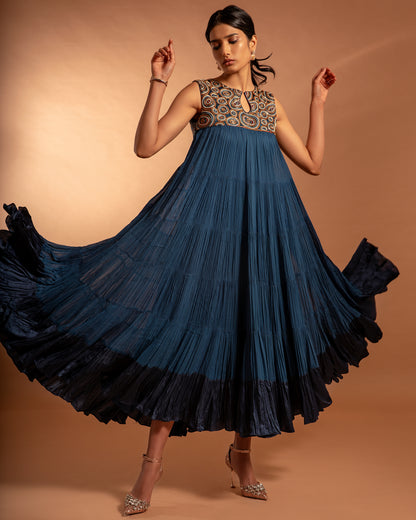 Cobalt Blue tiered Dress with Ajrakh jacket.