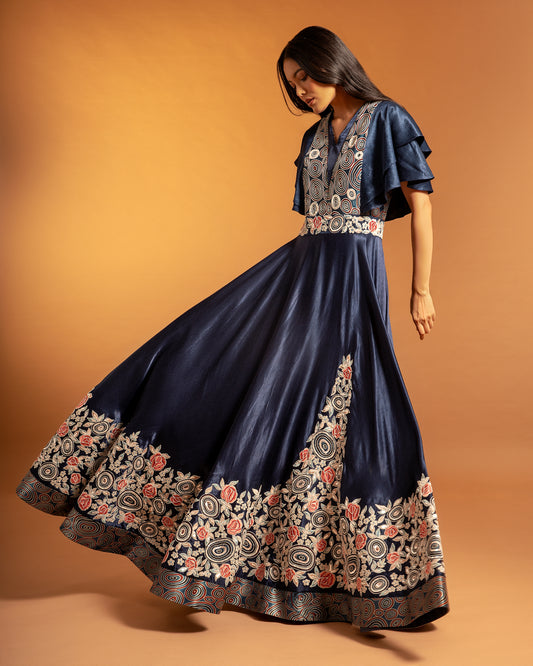 Blue Embroidered Ruffle Sleeve Gown