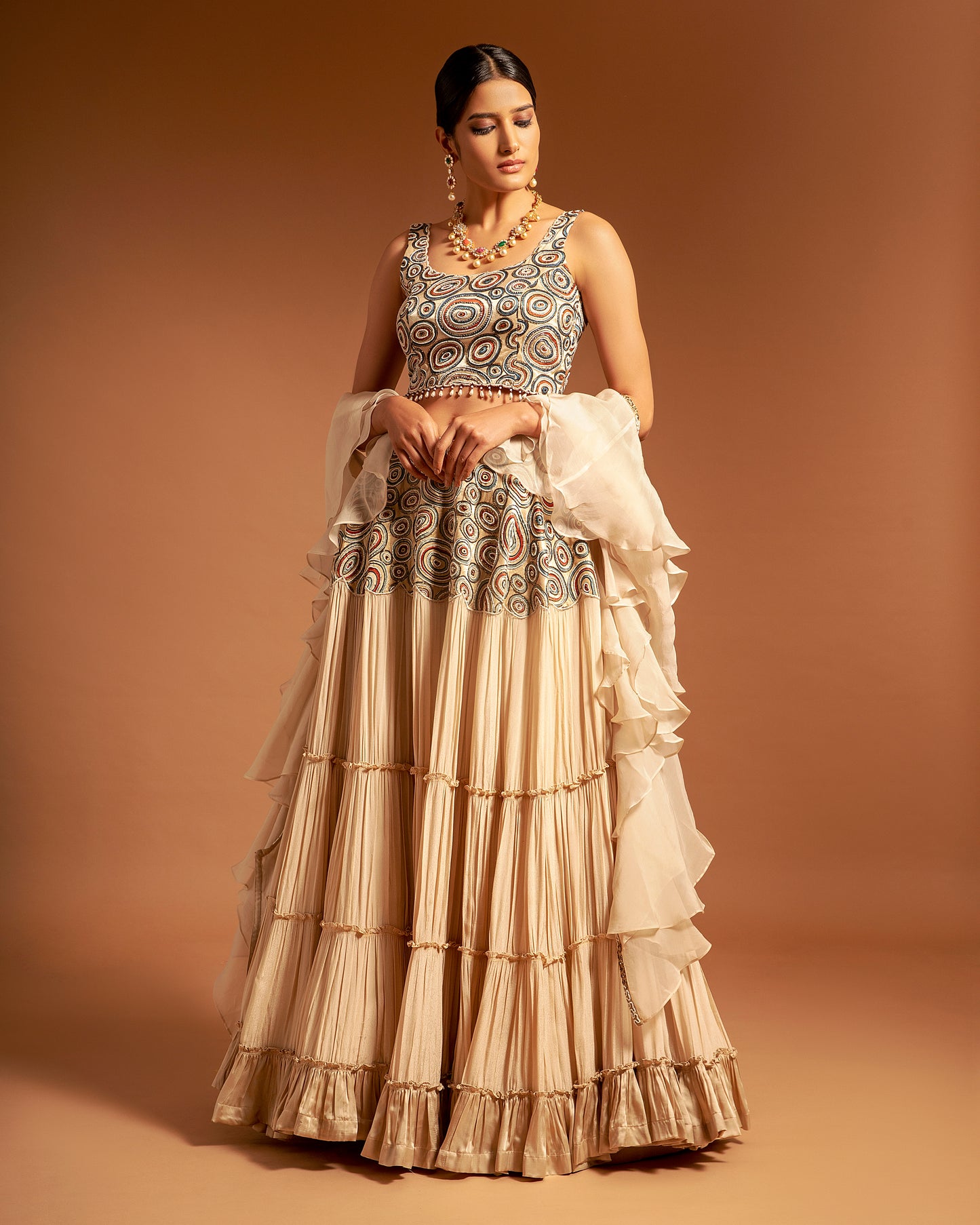 Ivory Ajrakh Tiered Lehenga Set
