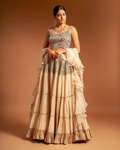 Ivory Ajrakh Tiered Lehenga Set