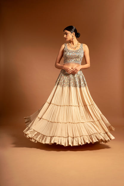 Ivory Ajrakh Tiered Lehenga Set