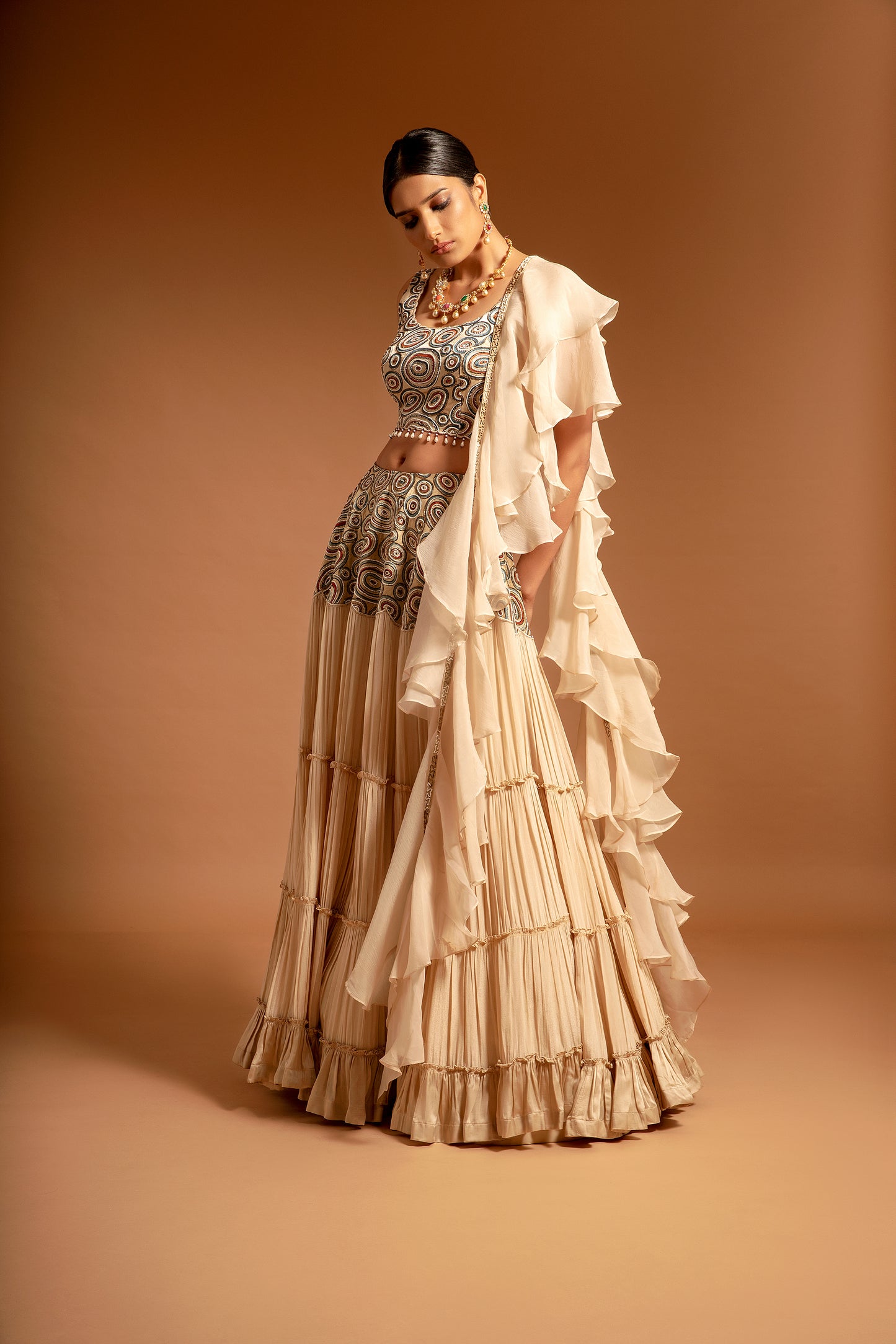 Ivory Ajrakh Tiered Lehenga Set