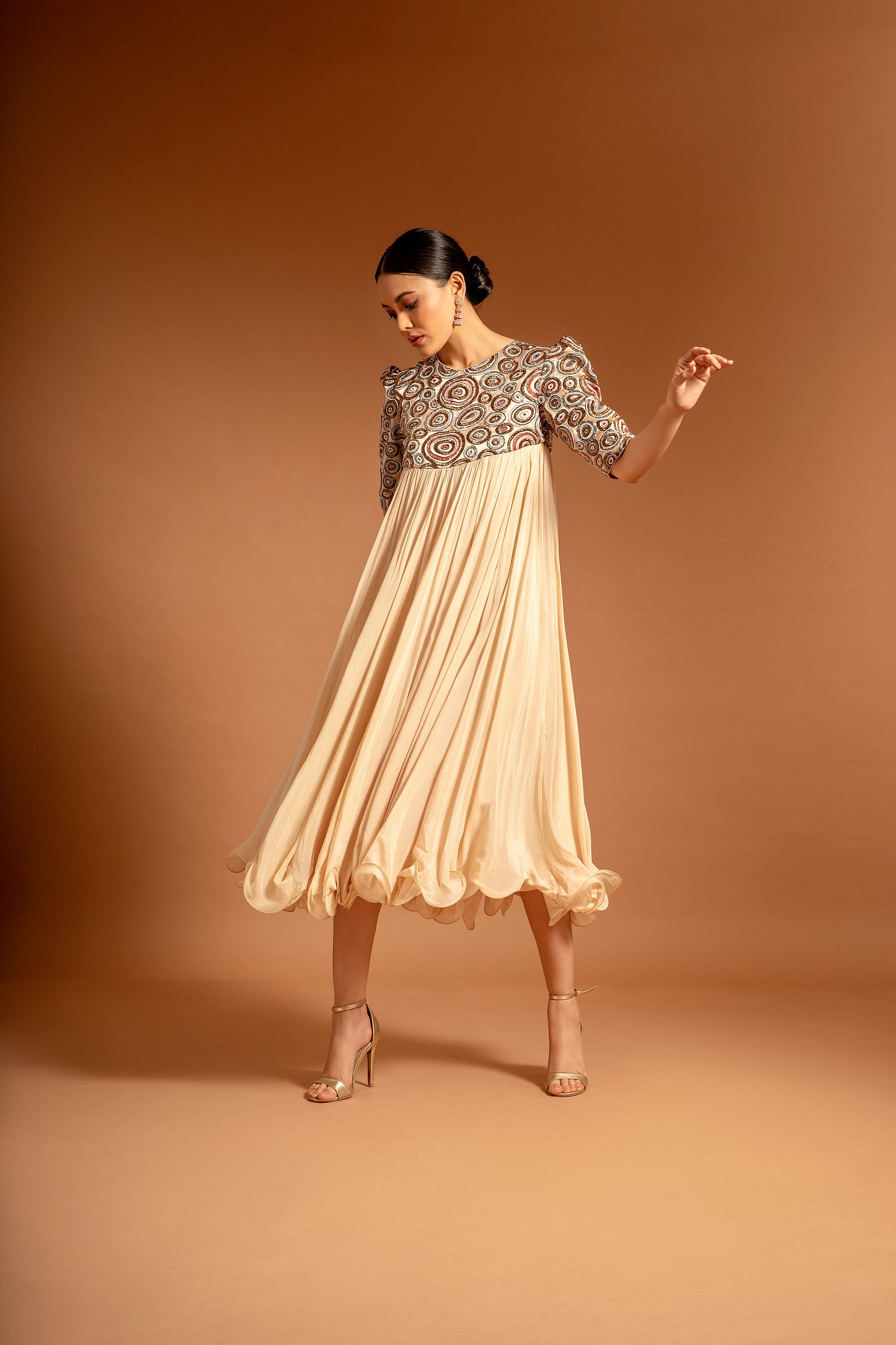 Beige Ajrak Embellished Yoke Dress