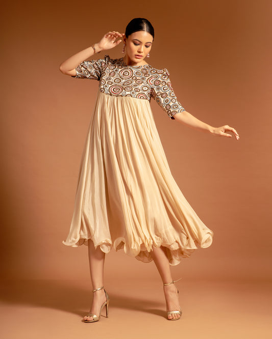 Beige Ajrak Embellished Yoke Dress