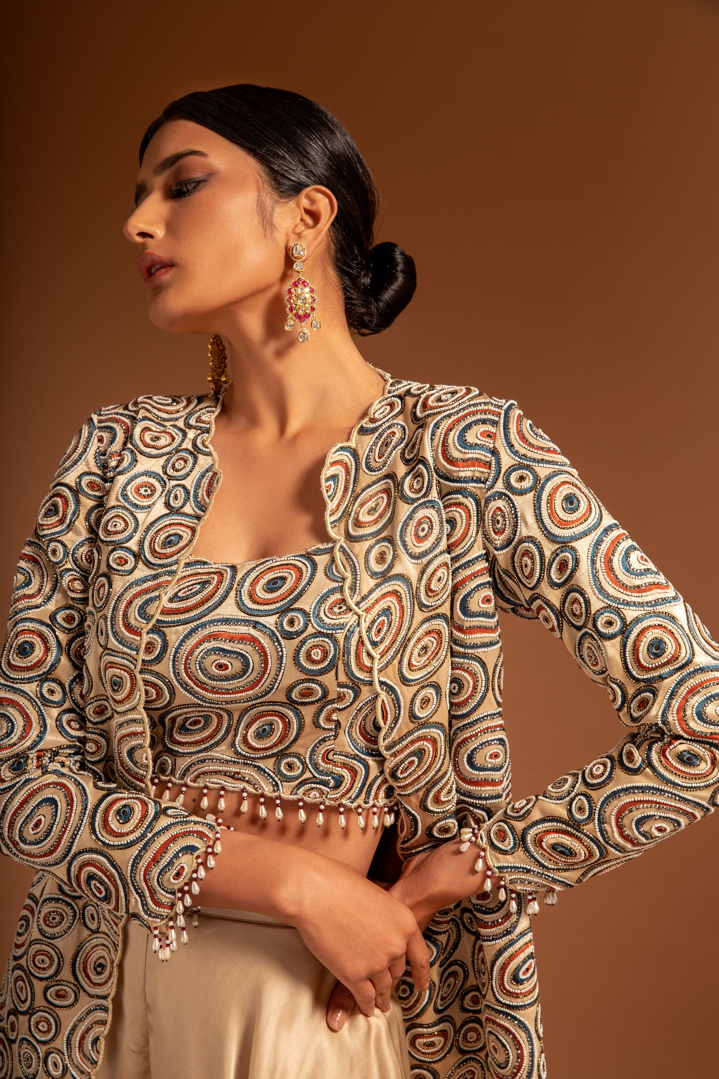 Beige Embellished Jacket And Flared Pant Set