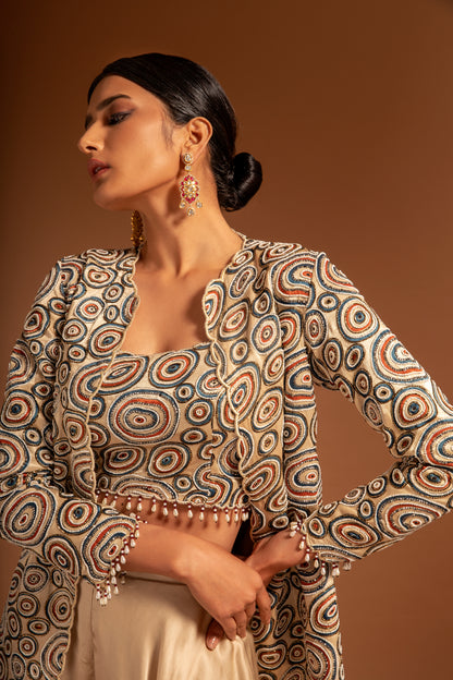 Beige Embellished Jacket And Flared Pant Set