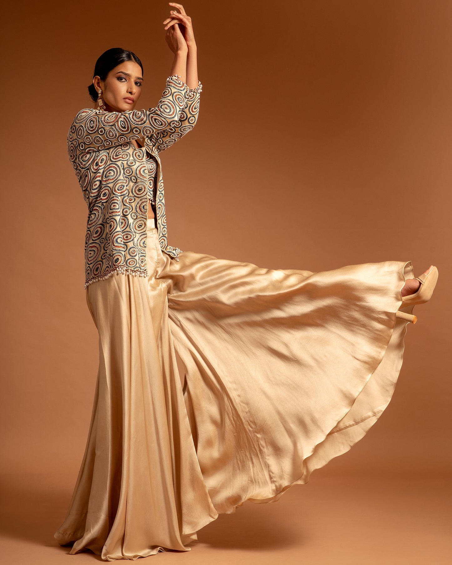 Beige Embellished Jacket And Flared Pant Set
