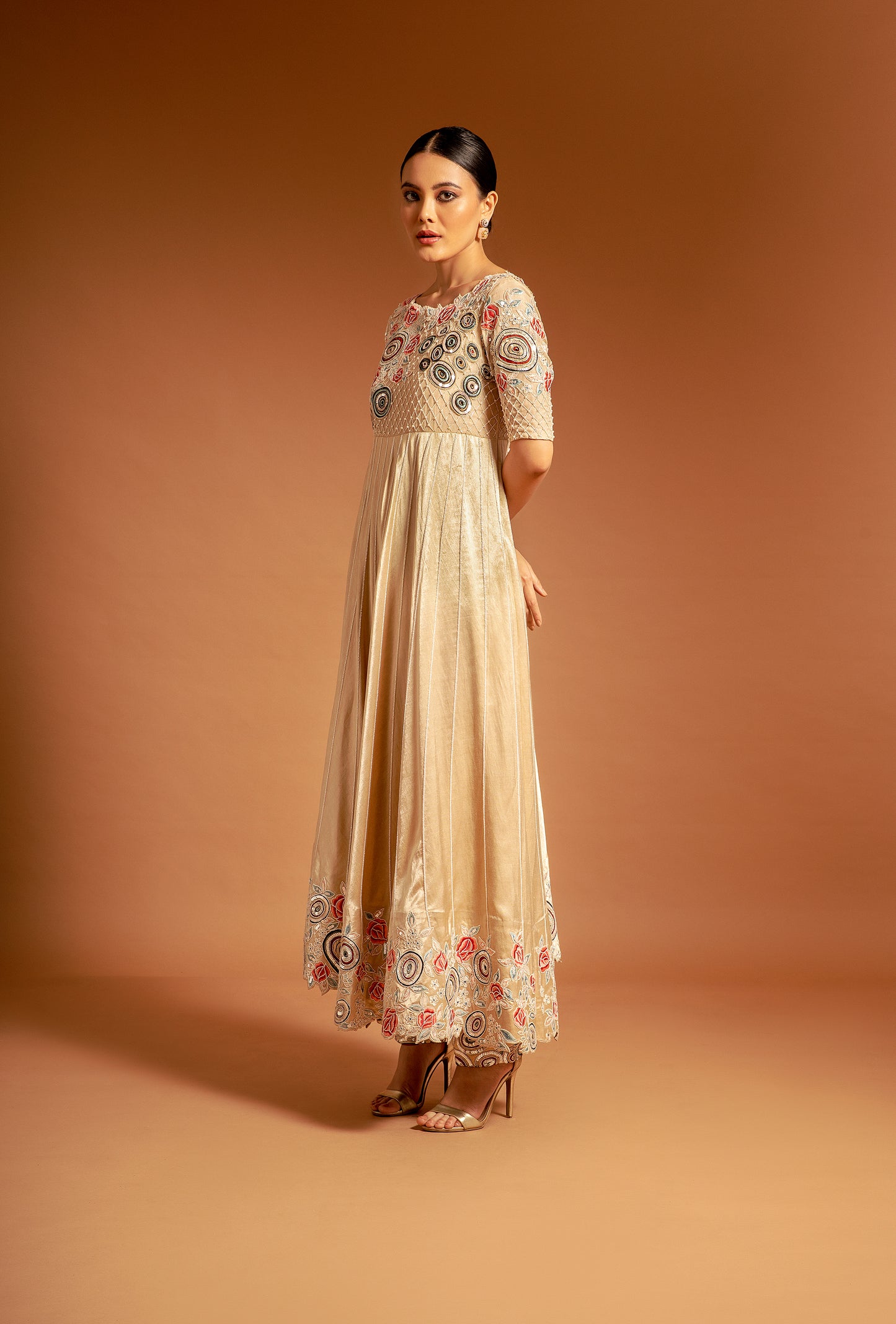 Beige Ajrak Embellished Anarkali With Pant