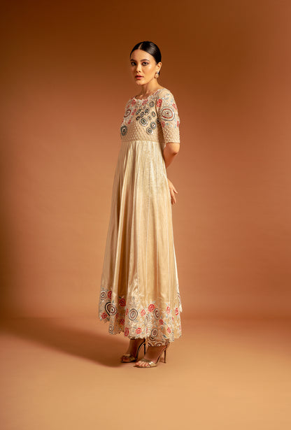 Beige Ajrak Embellished Anarkali With Pant