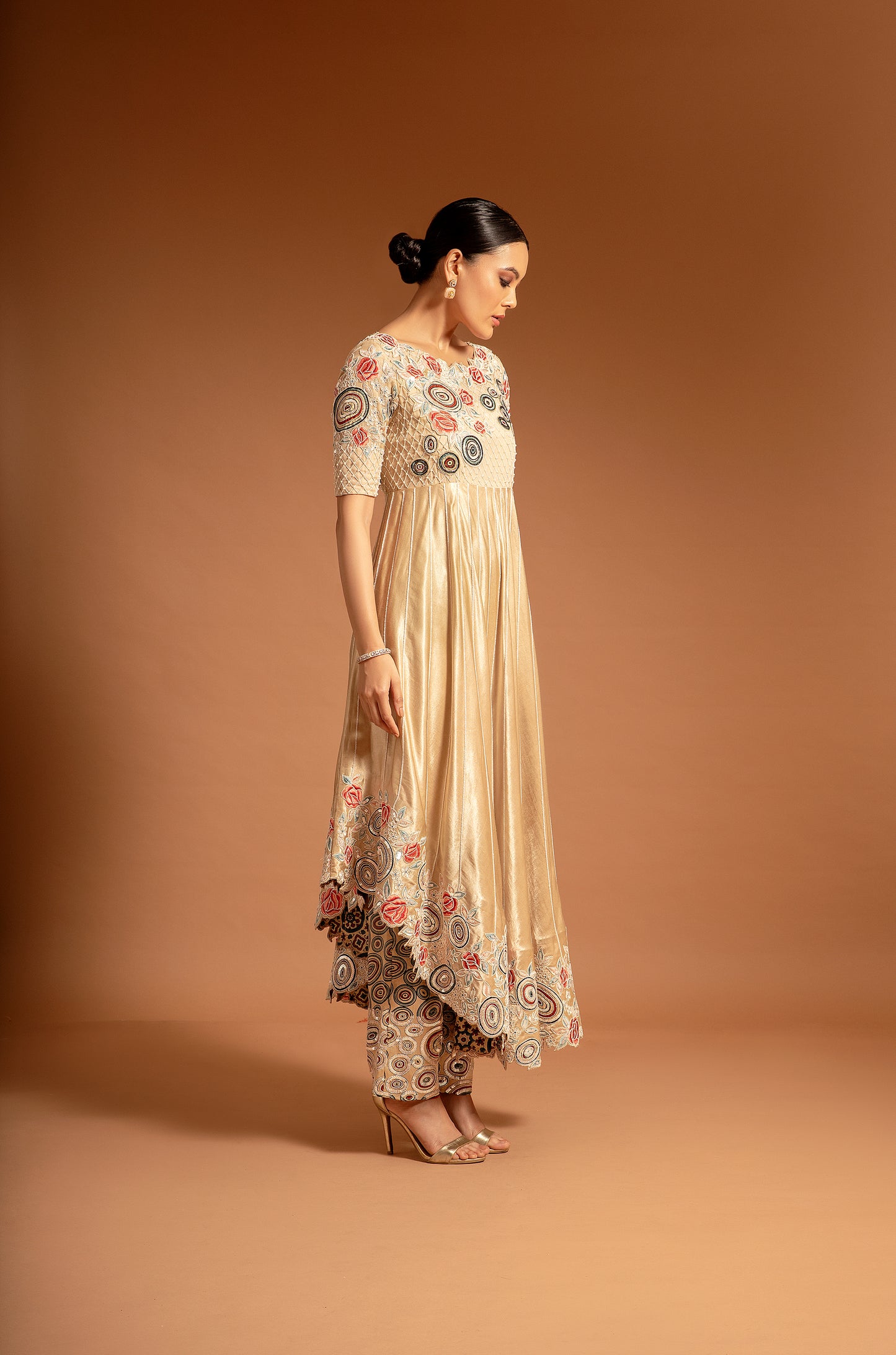 Beige Ajrak Embellished Anarkali With Pant