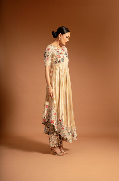 Beige Ajrak Embellished Anarkali With Pant