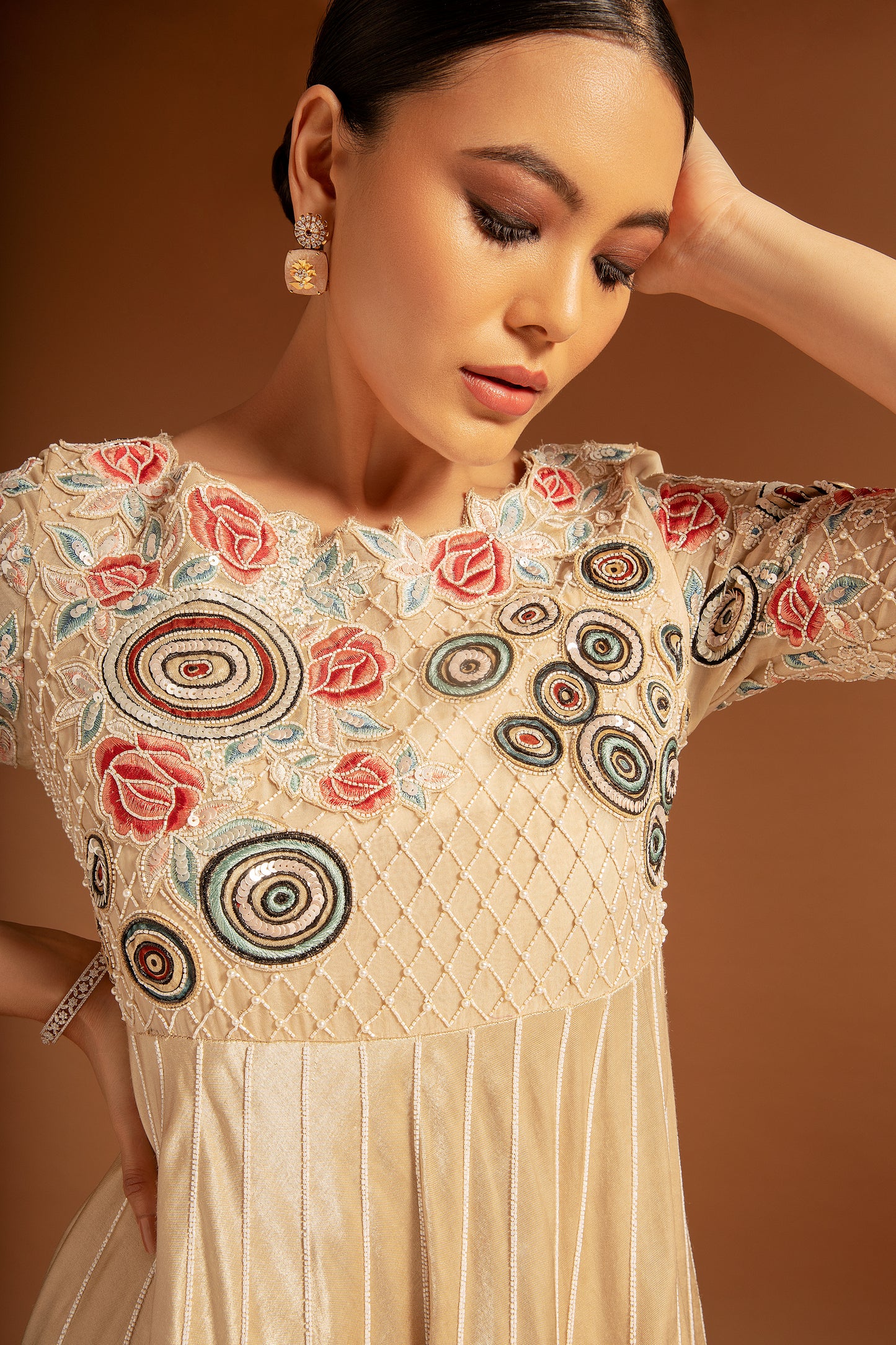 Beige Ajrak Embellished Anarkali With Pant