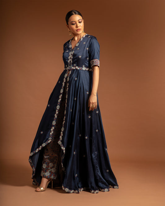 Blue Embroidered Tunic with Ajrakh pants
