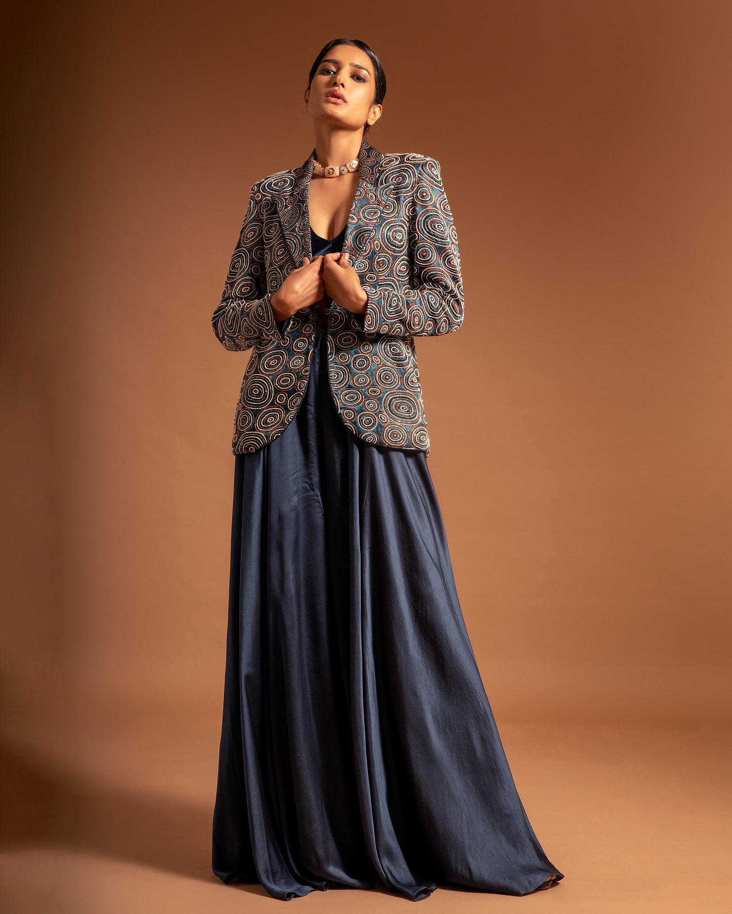 Blue Ajrak jacket with blouse  And Fluid Pant Set