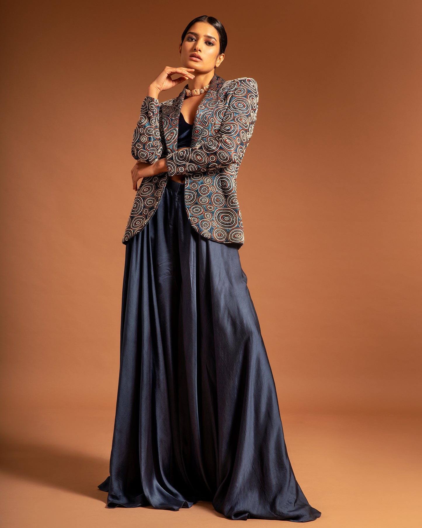 Blue Ajrak jacket with blouse  And Fluid Pant Set