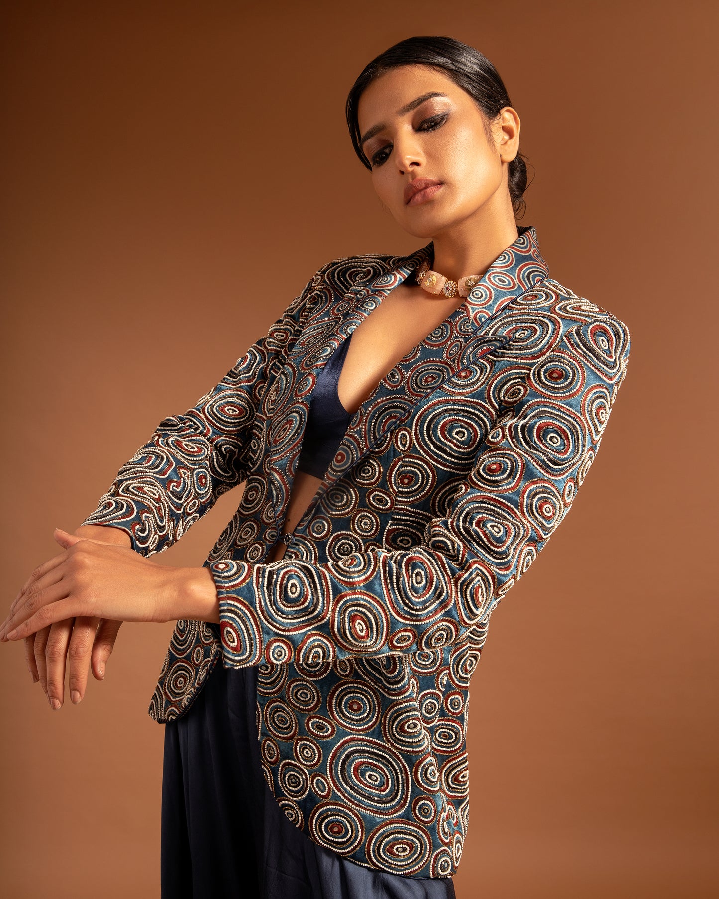 Blue Ajrak jacket with blouse  And Fluid Pant Set